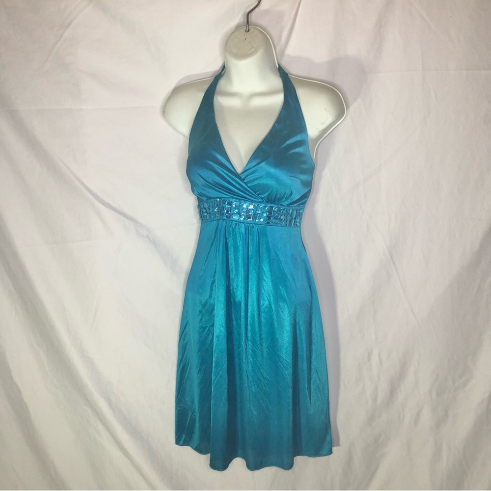 Homecoming Teal Halter Dress with Embellished Waist Size XS Prom Formal